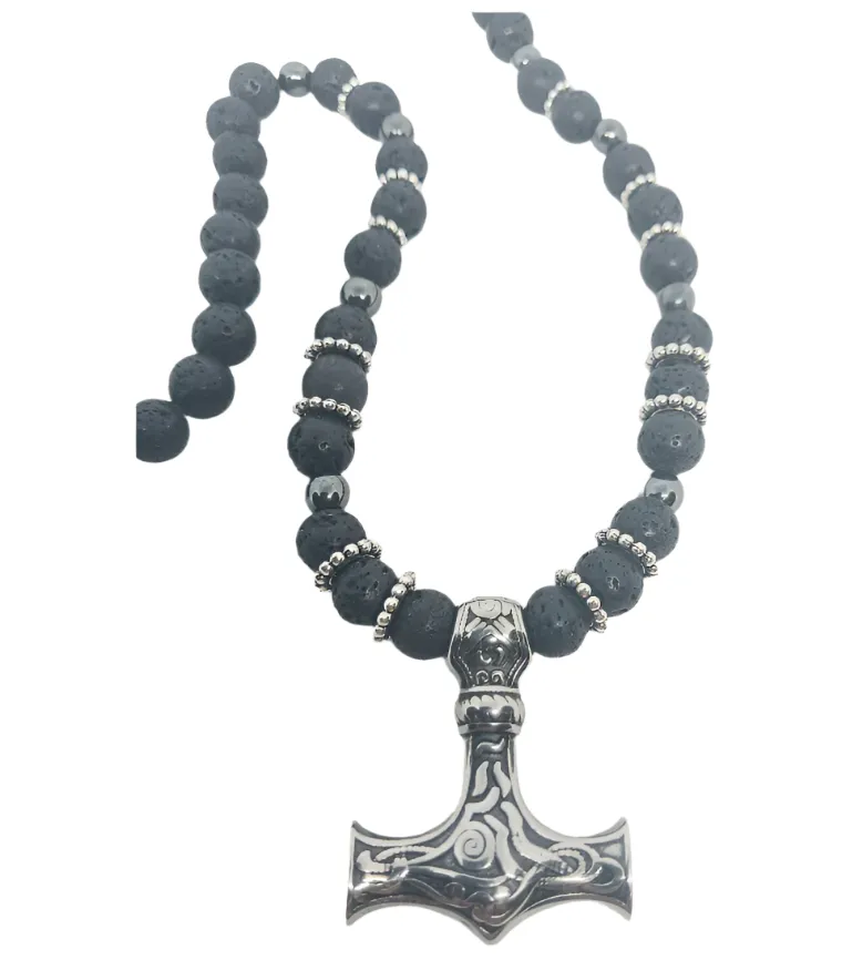 Stainless Steel Mjölnir Necklace with Lava Stone