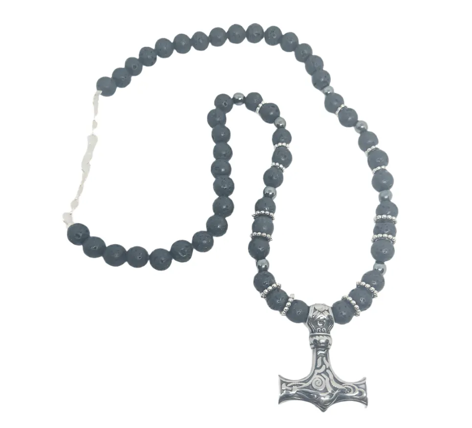 Stainless Steel Mjölnir Necklace with Lava Stone