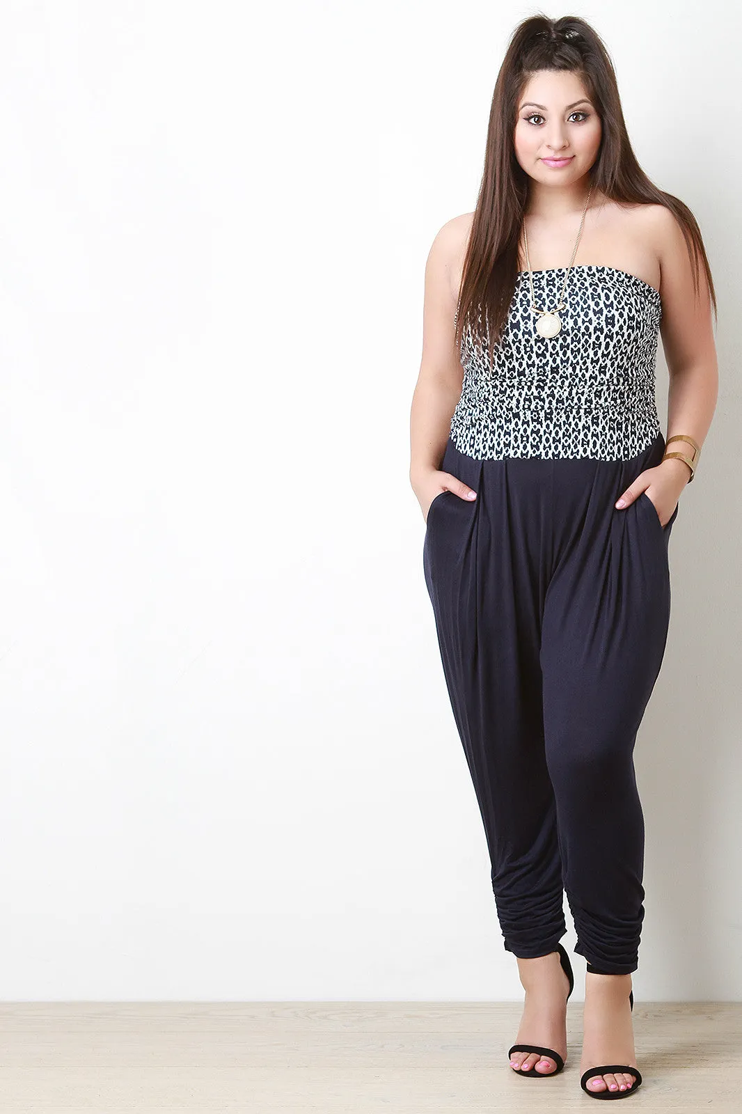 Strapless Cheetah Print Top Drop Crotch Jumpsuit