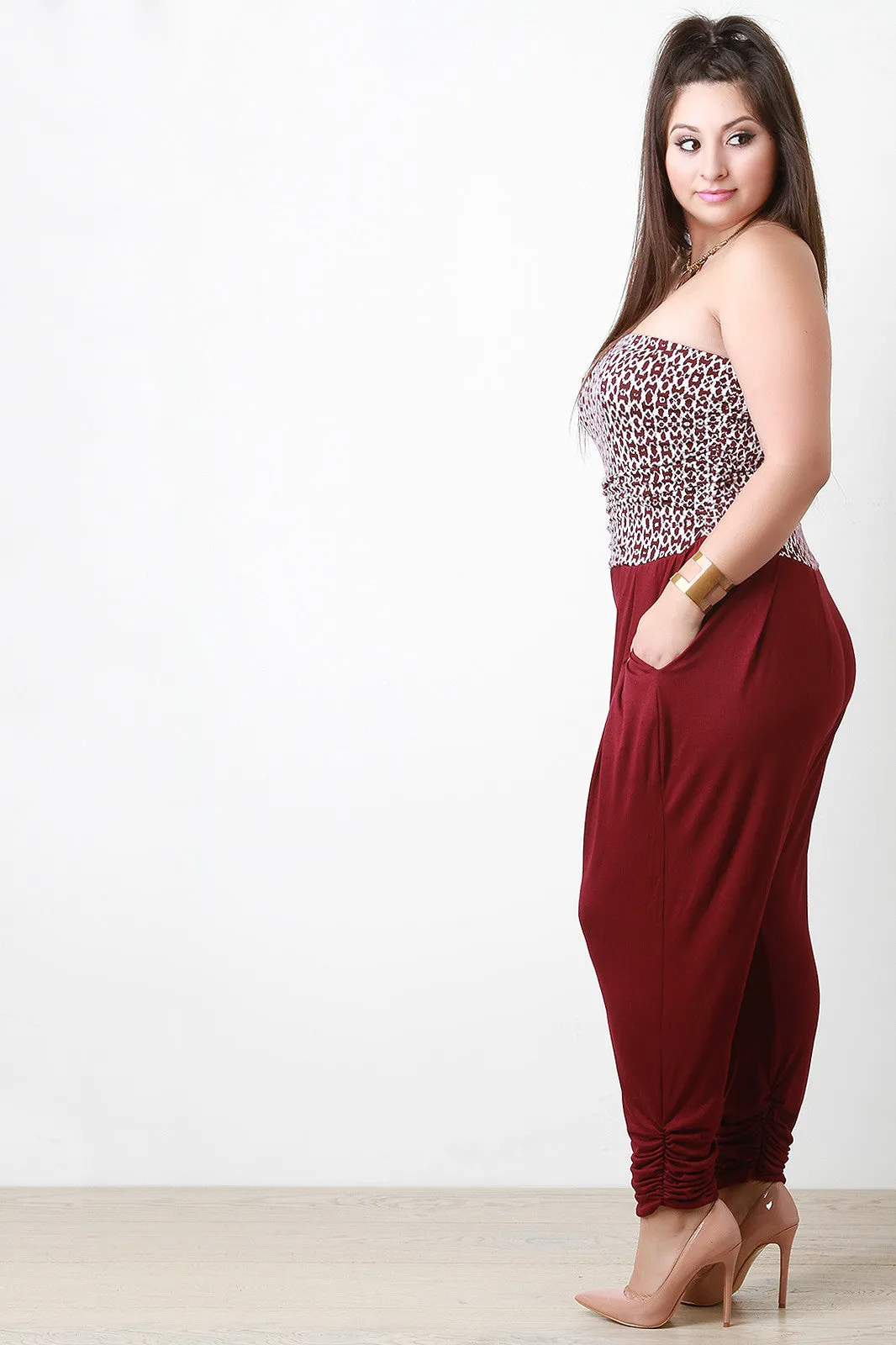 Strapless Cheetah Print Top Drop Crotch Jumpsuit