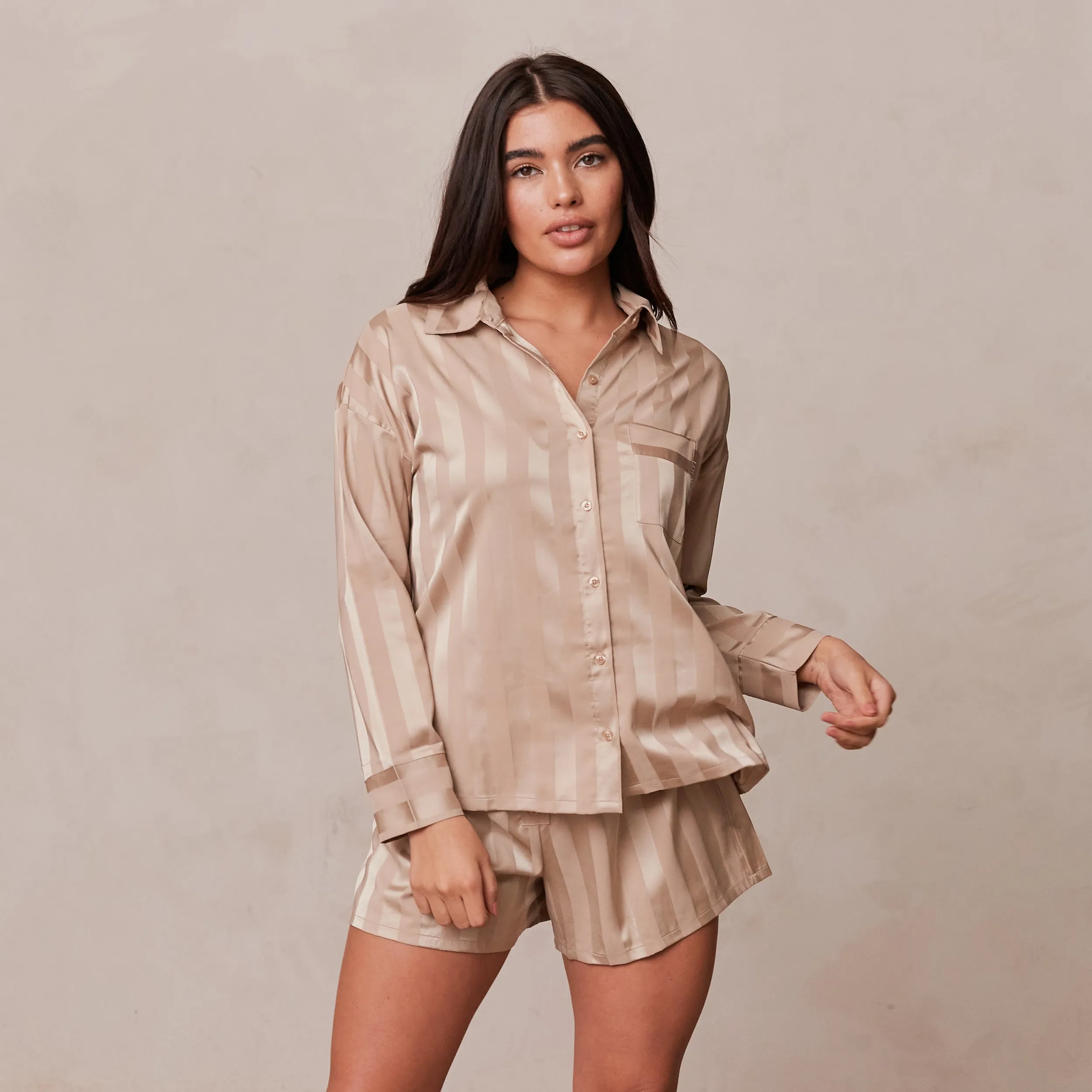 Striped Satin Pyjama Shirt - Mink