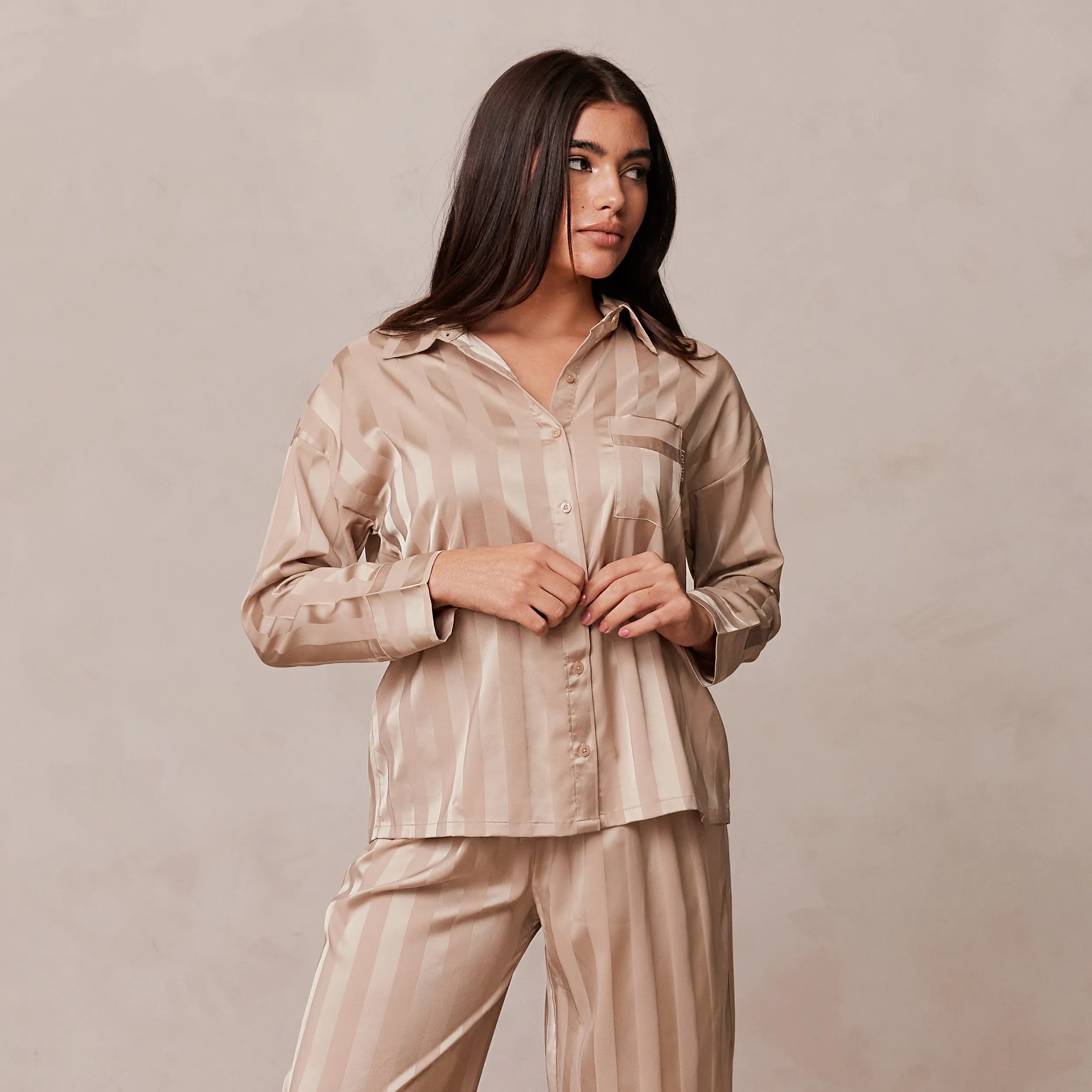 Striped Satin Pyjama Shirt - Mink