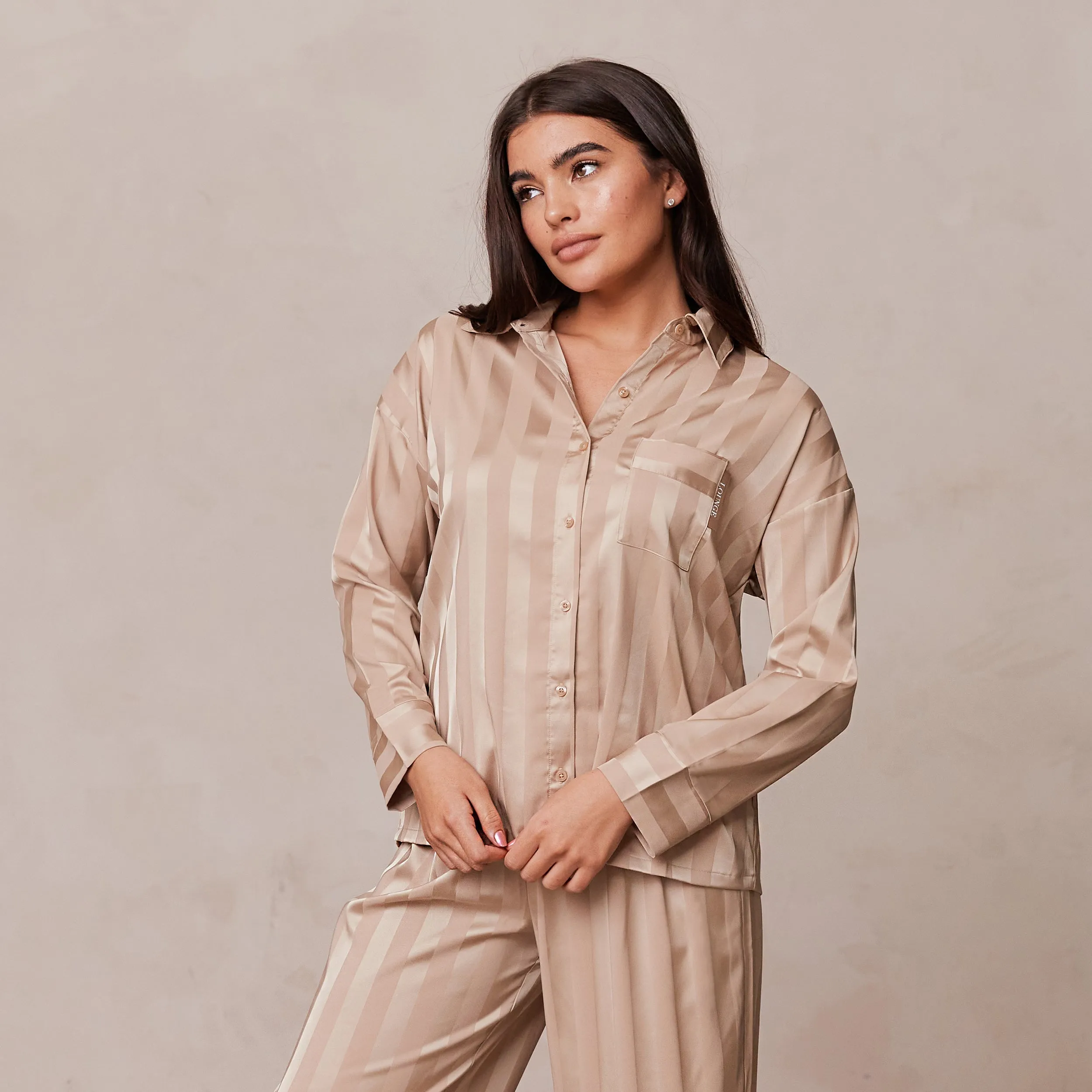 Striped Satin Pyjama Shirt - Mink