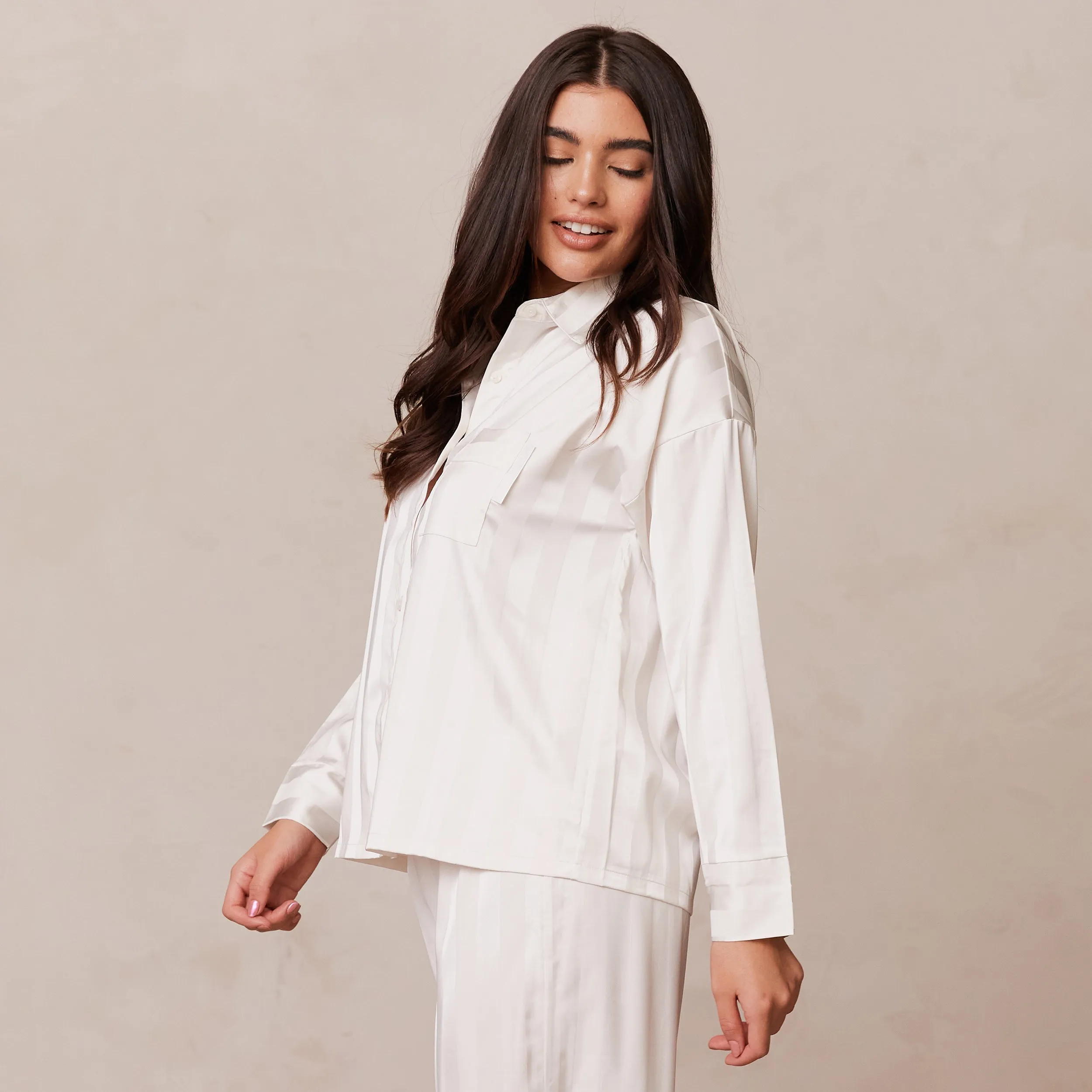 Striped Satin Pyjama Shirt - Pearl