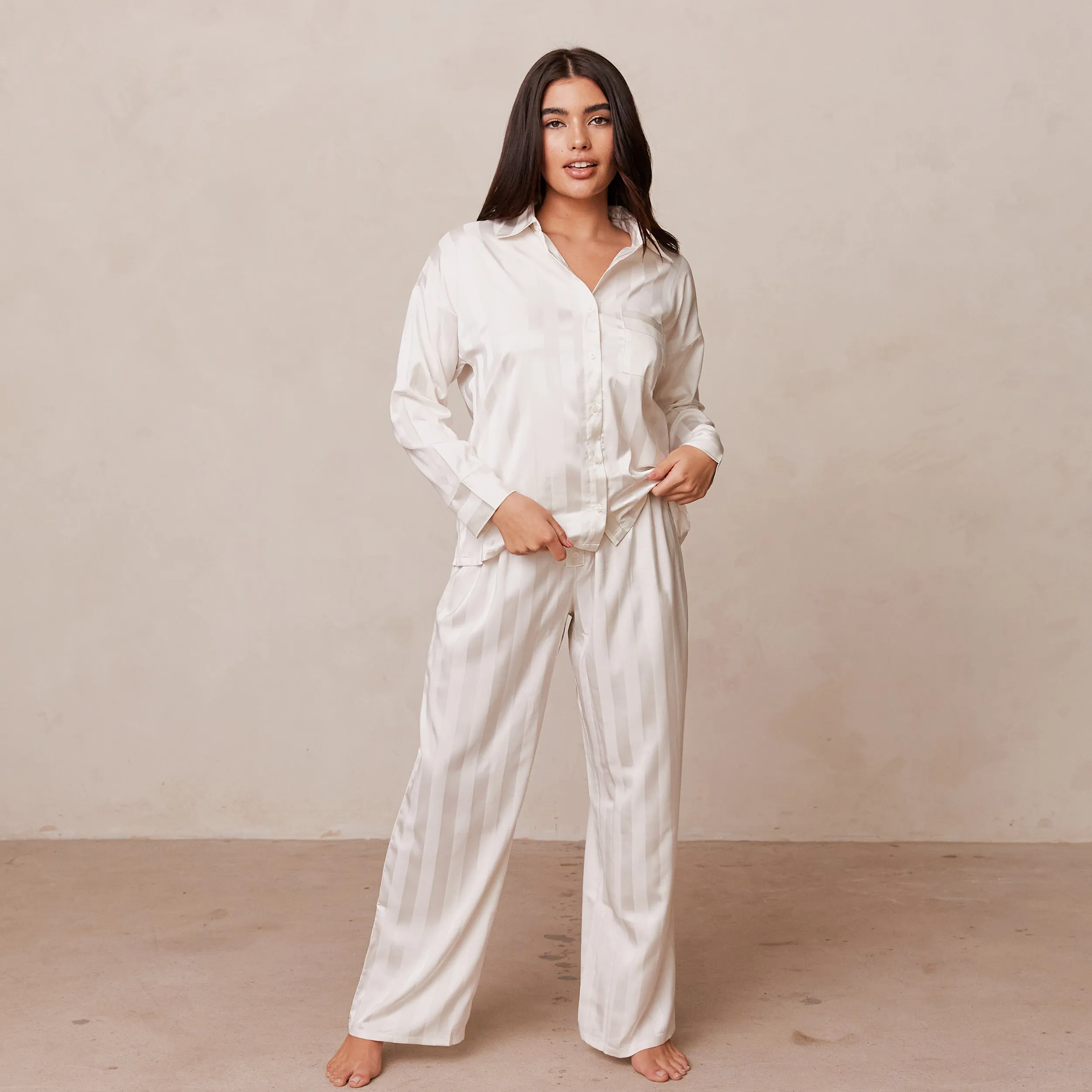 Striped Satin Pyjama Shirt - Pearl