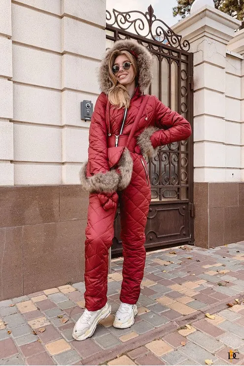 Stylish Functional Winter Jumpsuit Bordeaux Handbag Gloves Women Clothes