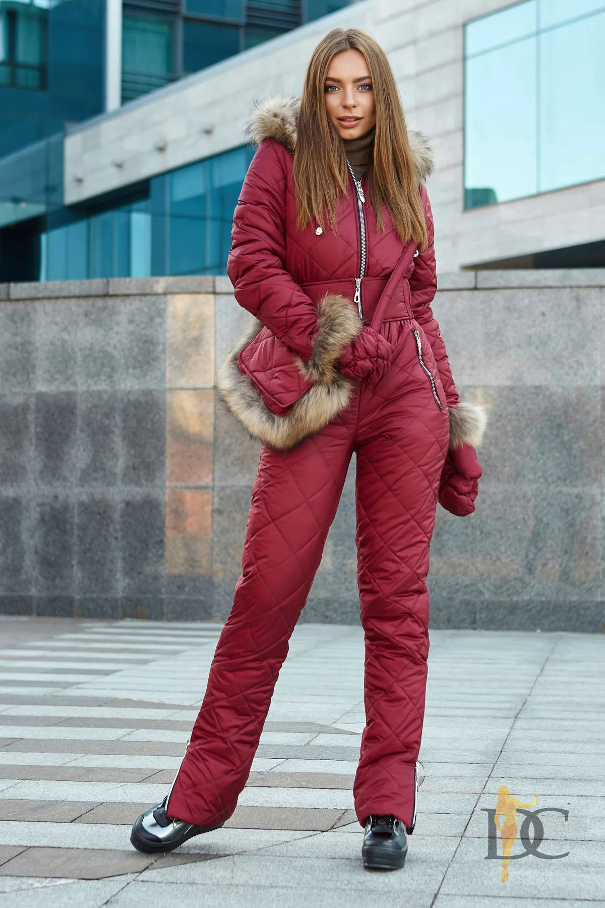 Stylish Functional Winter Jumpsuit Bordeaux Handbag Gloves Women Clothes