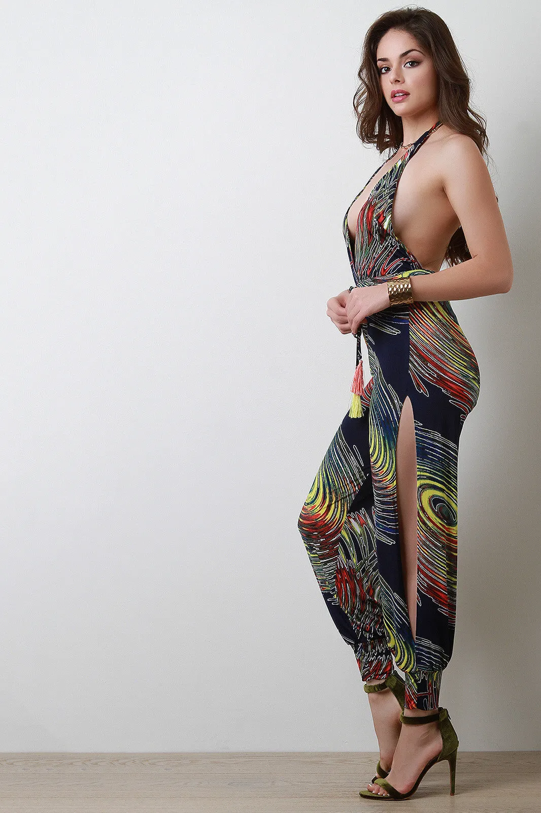 Swirly Side Slit Halter Jumpsuit