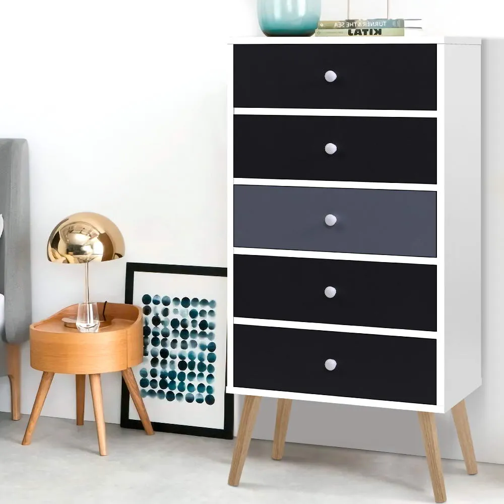 Tallboy Chest of 5 Drawers Dresser Storage Cabinet Table Bedroom Organiser