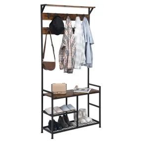 Tangkula Coat Rack Shoe Bench, 3-in-1 Industrial Hall Tree w/Storage Bench & 9 Hanging Hooks, 3-Tier Wood Look Entryway Bench w/Metal Frame