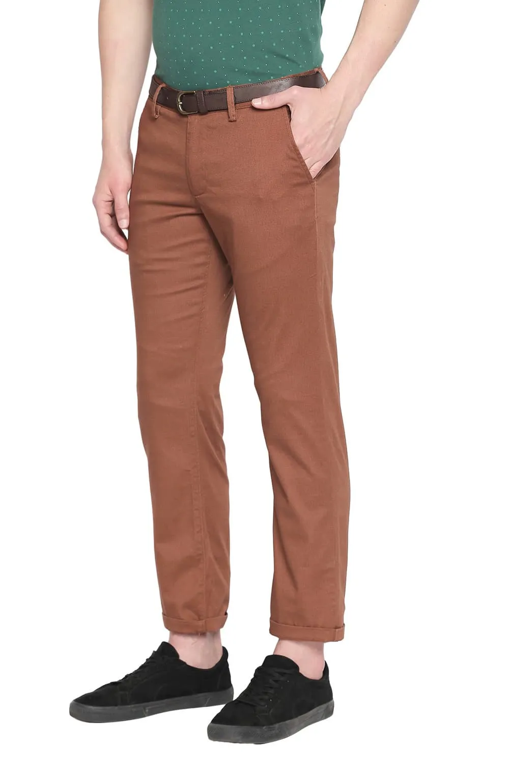 Tapered Fit Printed Stretch Trouser With Belt