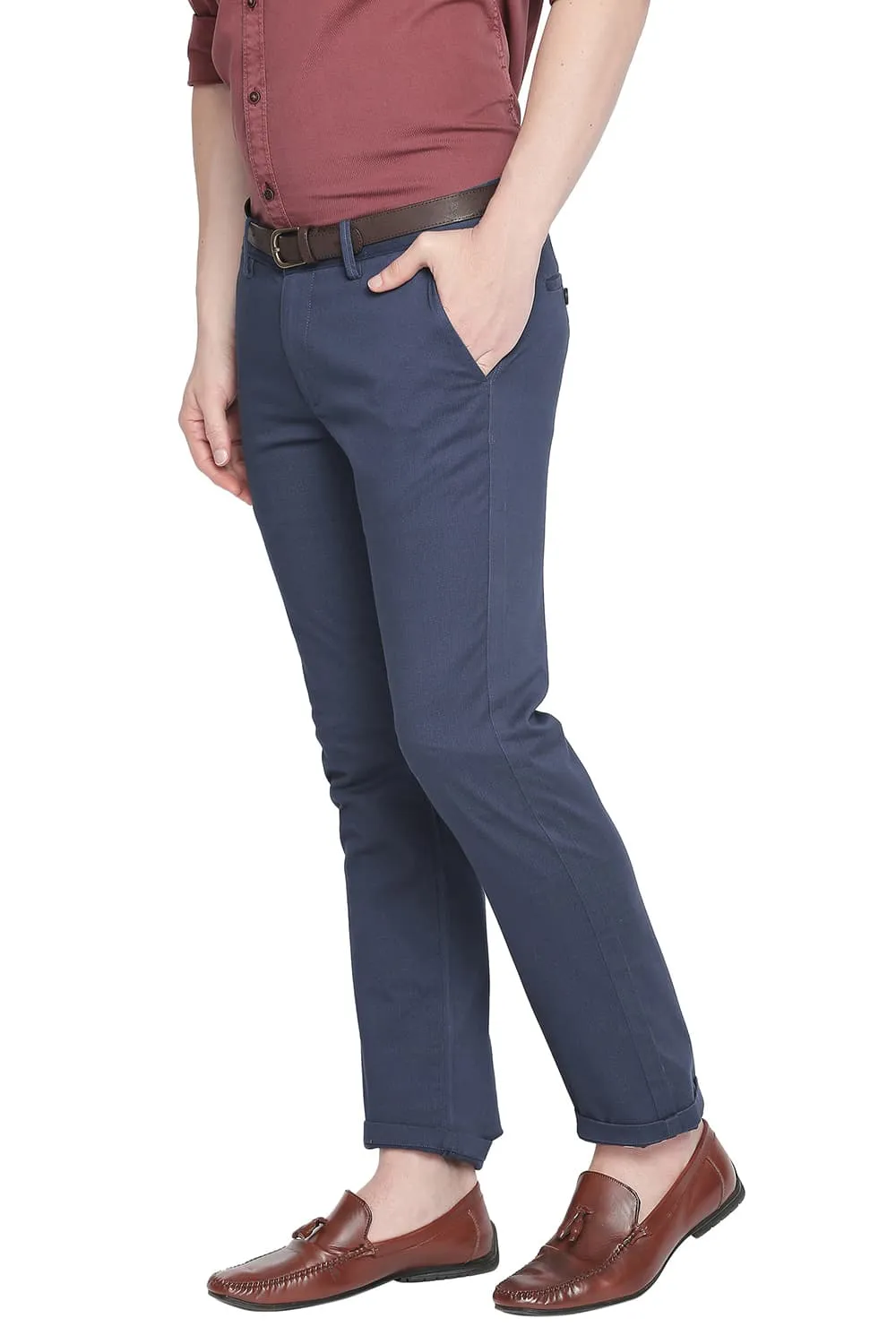 Tapered Fit Printed Stretch Trouser With Belt