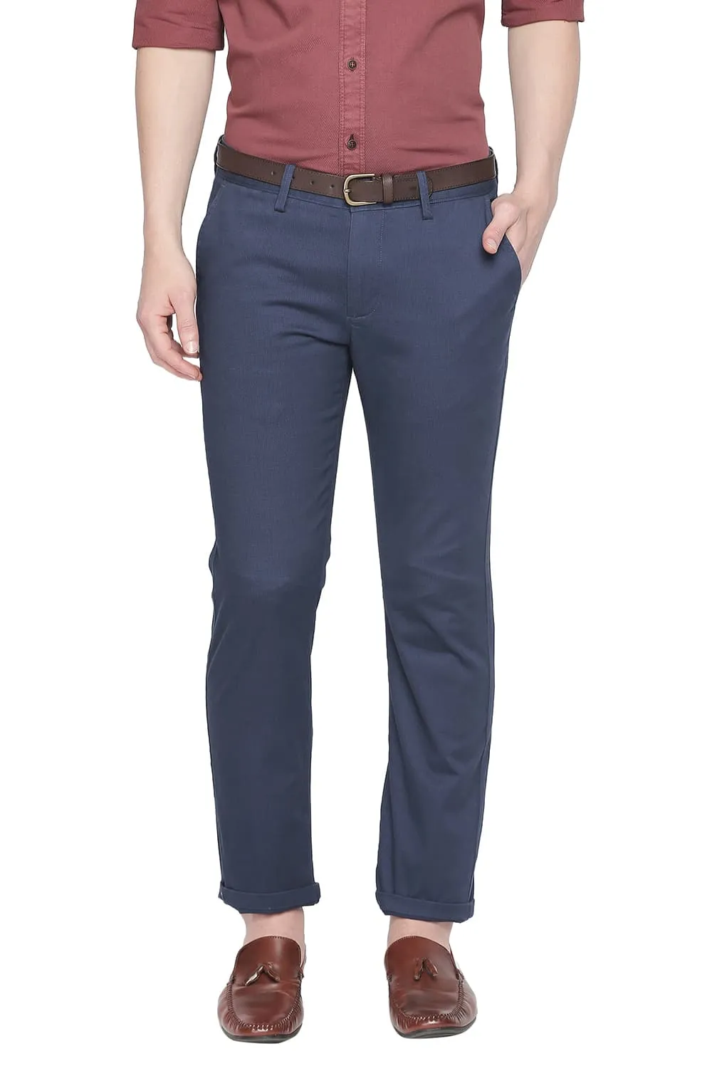 Tapered Fit Printed Stretch Trouser With Belt