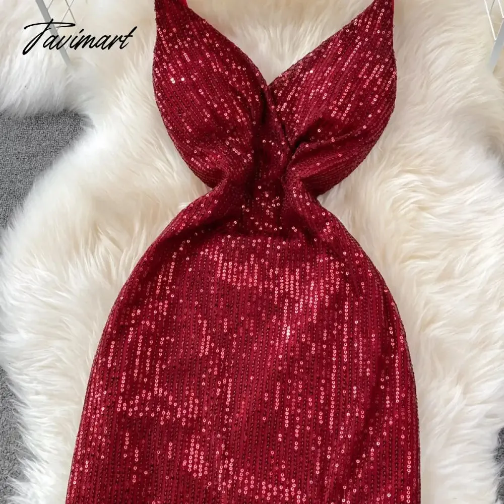 Tavimart Sexy Party Dress Women Elegant Sequins Glitter Evening Club Dresses Deep V-neck Spaghetti Strap Sleeveless Split Long Maxi Dress