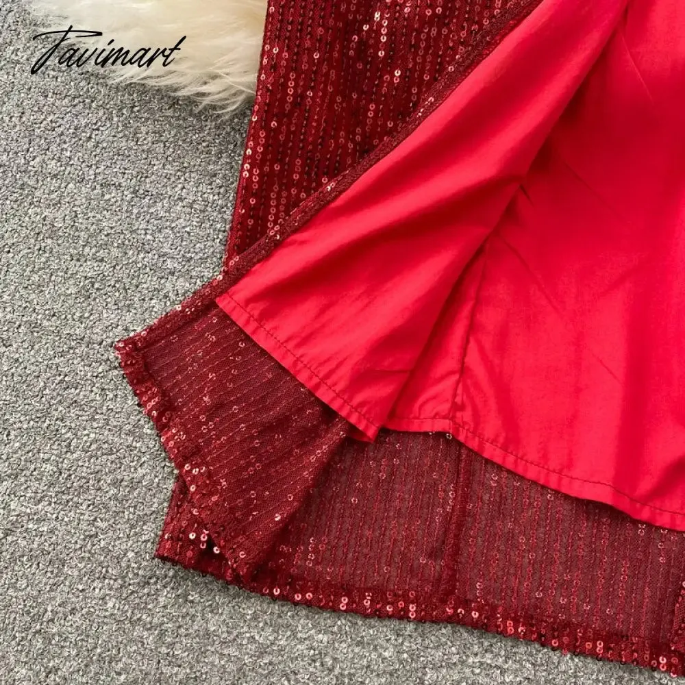 Tavimart Sexy Party Dress Women Elegant Sequins Glitter Evening Club Dresses Deep V-neck Spaghetti Strap Sleeveless Split Long Maxi Dress