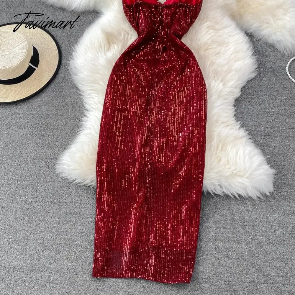 Tavimart Sexy Party Dress Women Elegant Sequins Glitter Evening Club Dresses Deep V-neck Spaghetti Strap Sleeveless Split Long Maxi Dress