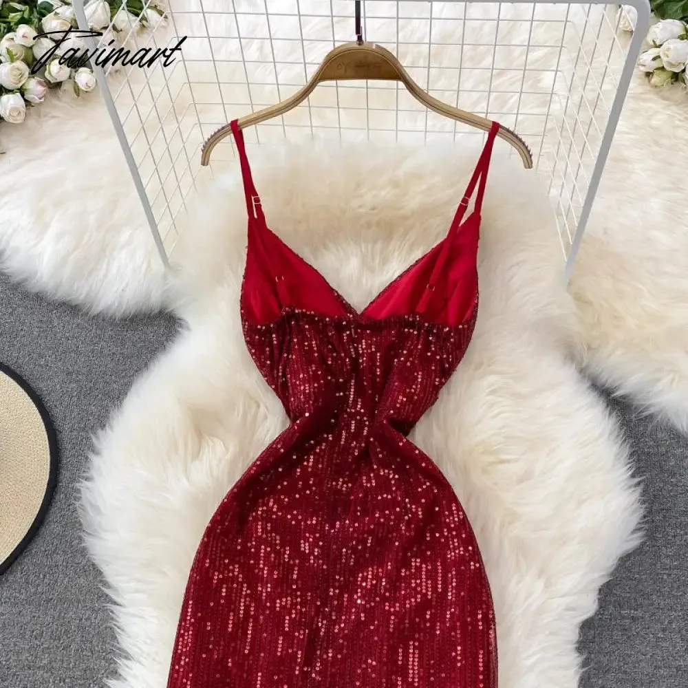 Tavimart Sexy Party Dress Women Elegant Sequins Glitter Evening Club Dresses Deep V-neck Spaghetti Strap Sleeveless Split Long Maxi Dress