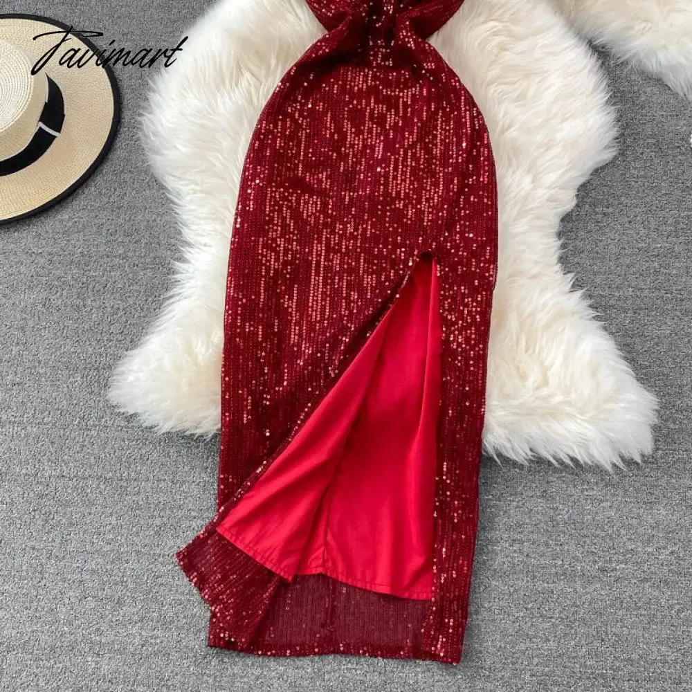 Tavimart Sexy Party Dress Women Elegant Sequins Glitter Evening Club Dresses Deep V-neck Spaghetti Strap Sleeveless Split Long Maxi Dress