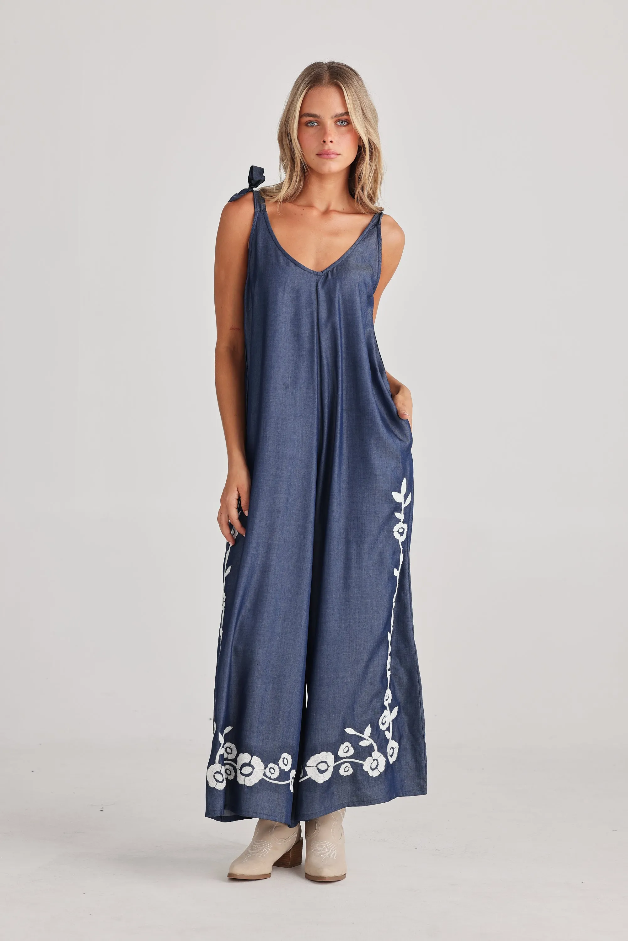 Temple Jumpsuit in Denim Embroidery