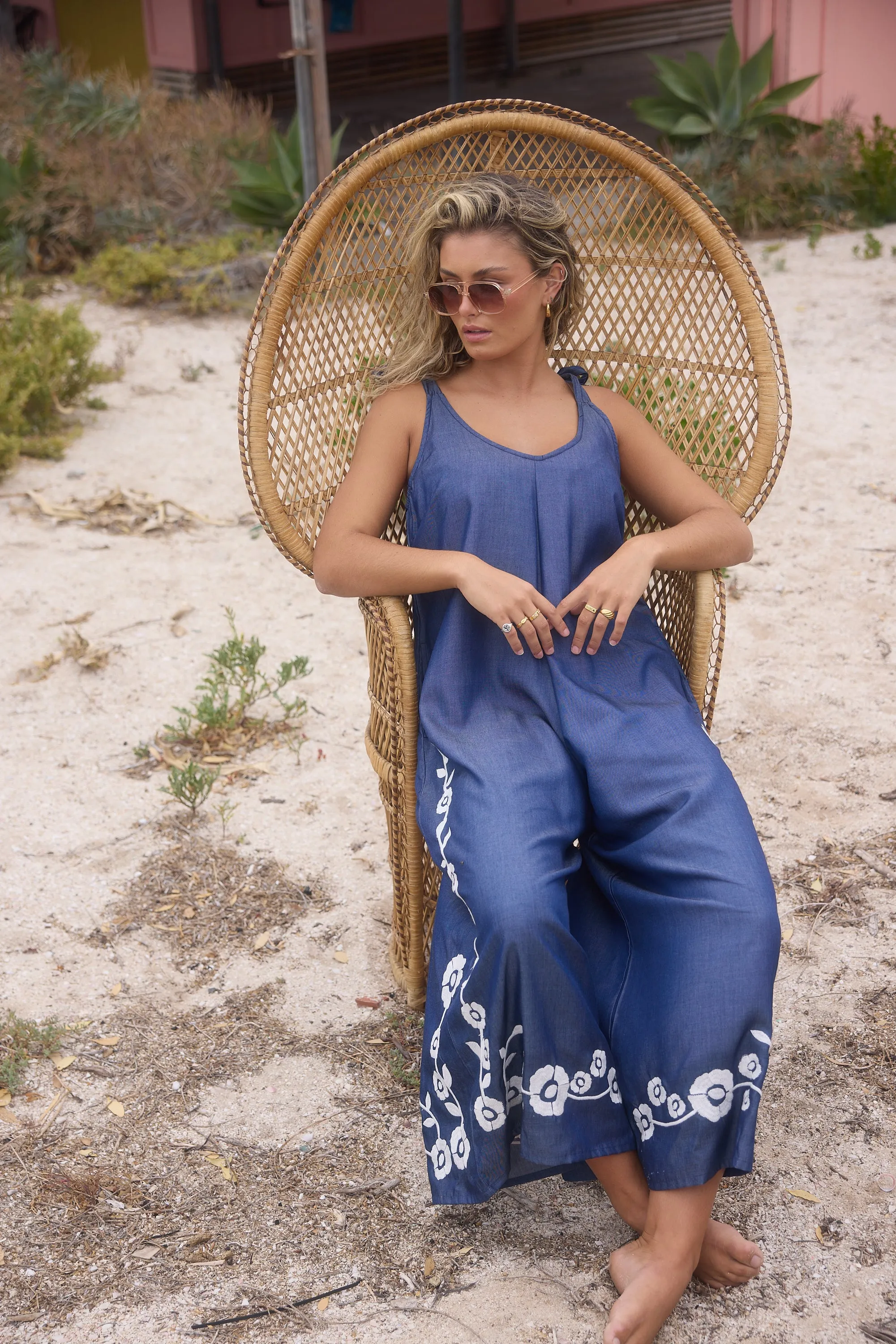 Temple Jumpsuit in Denim Embroidery