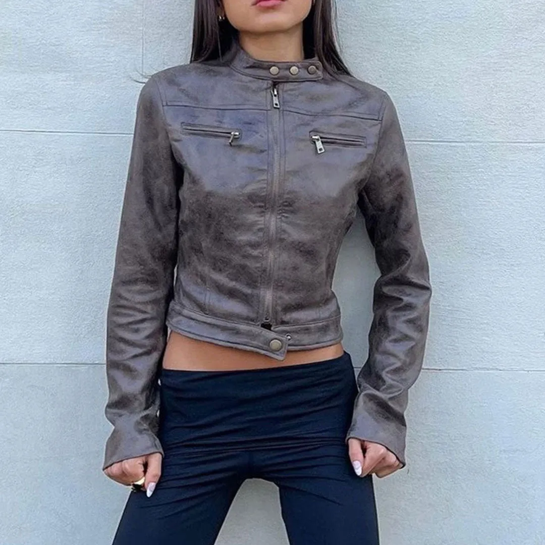 Trendy Stand Collar Long Sleeve Zip Up Cropped Faux Suede Jacket