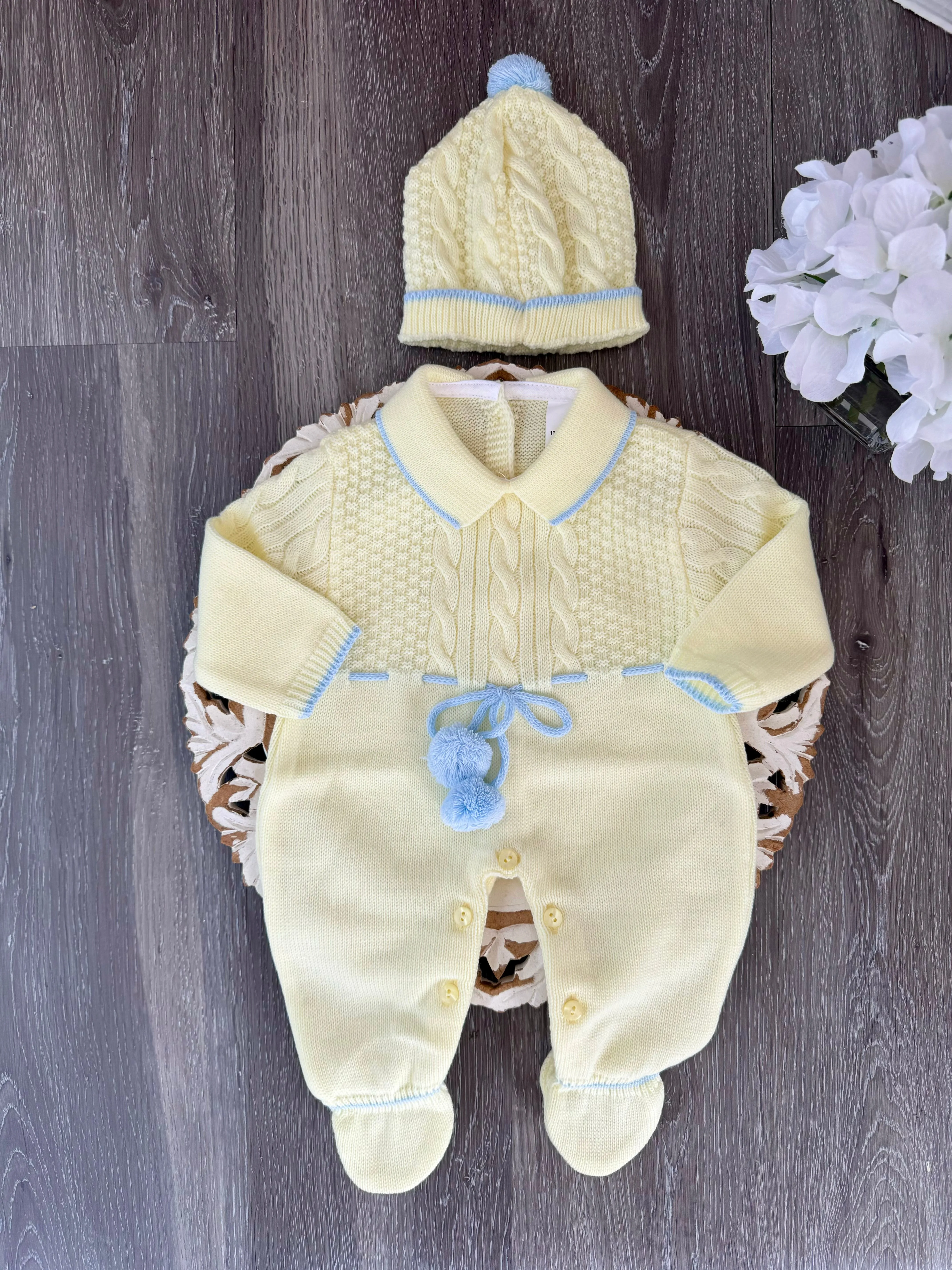 Triple Cable Knit Links With Double Pom Pom Knitted Romper Set in Yellow and Sky Blue