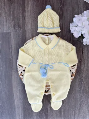 Triple Cable Knit Links With Double Pom Pom Knitted Romper Set in Yellow and Sky Blue