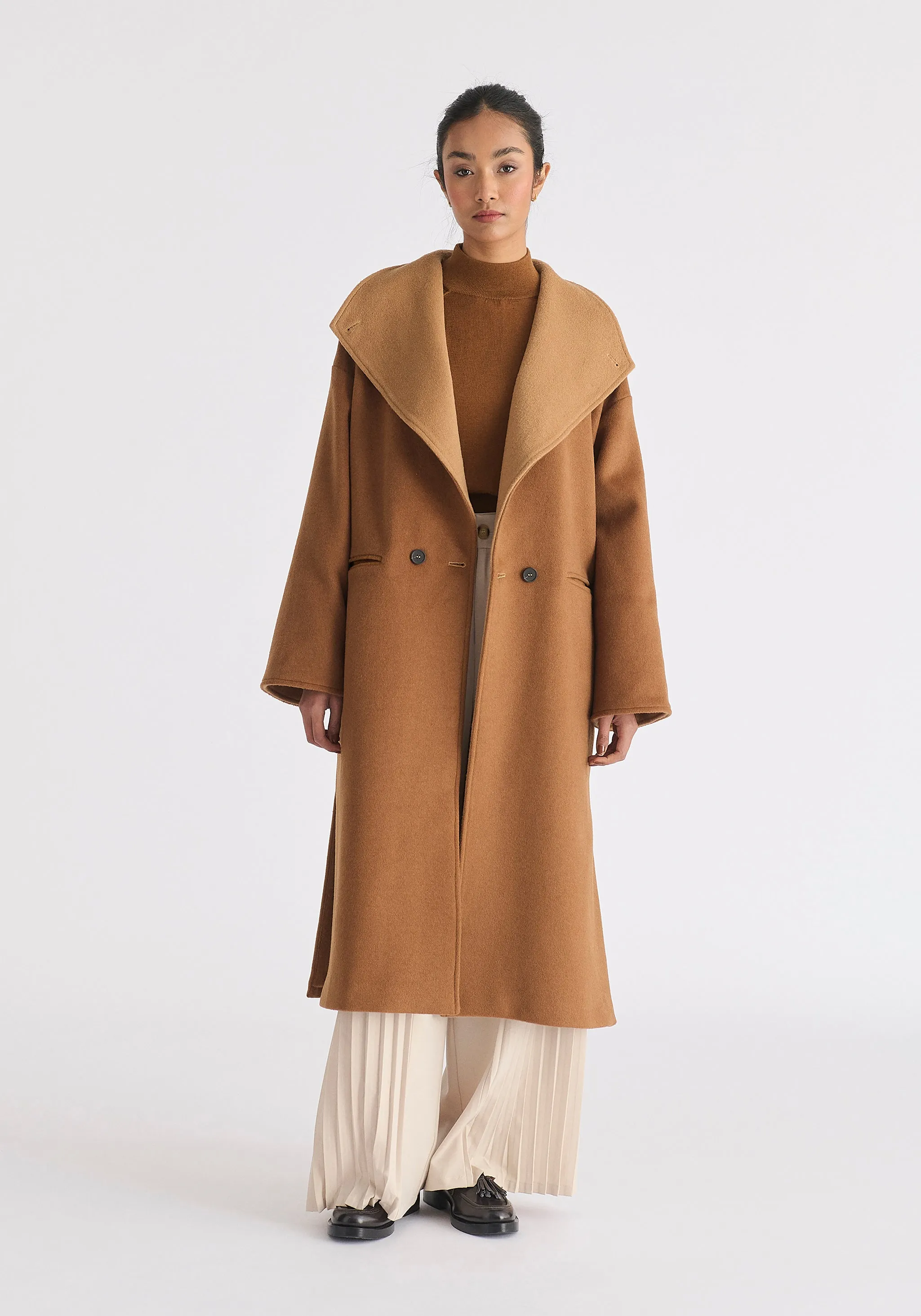 Two-Tone Double Breasted Wool Blend Coat