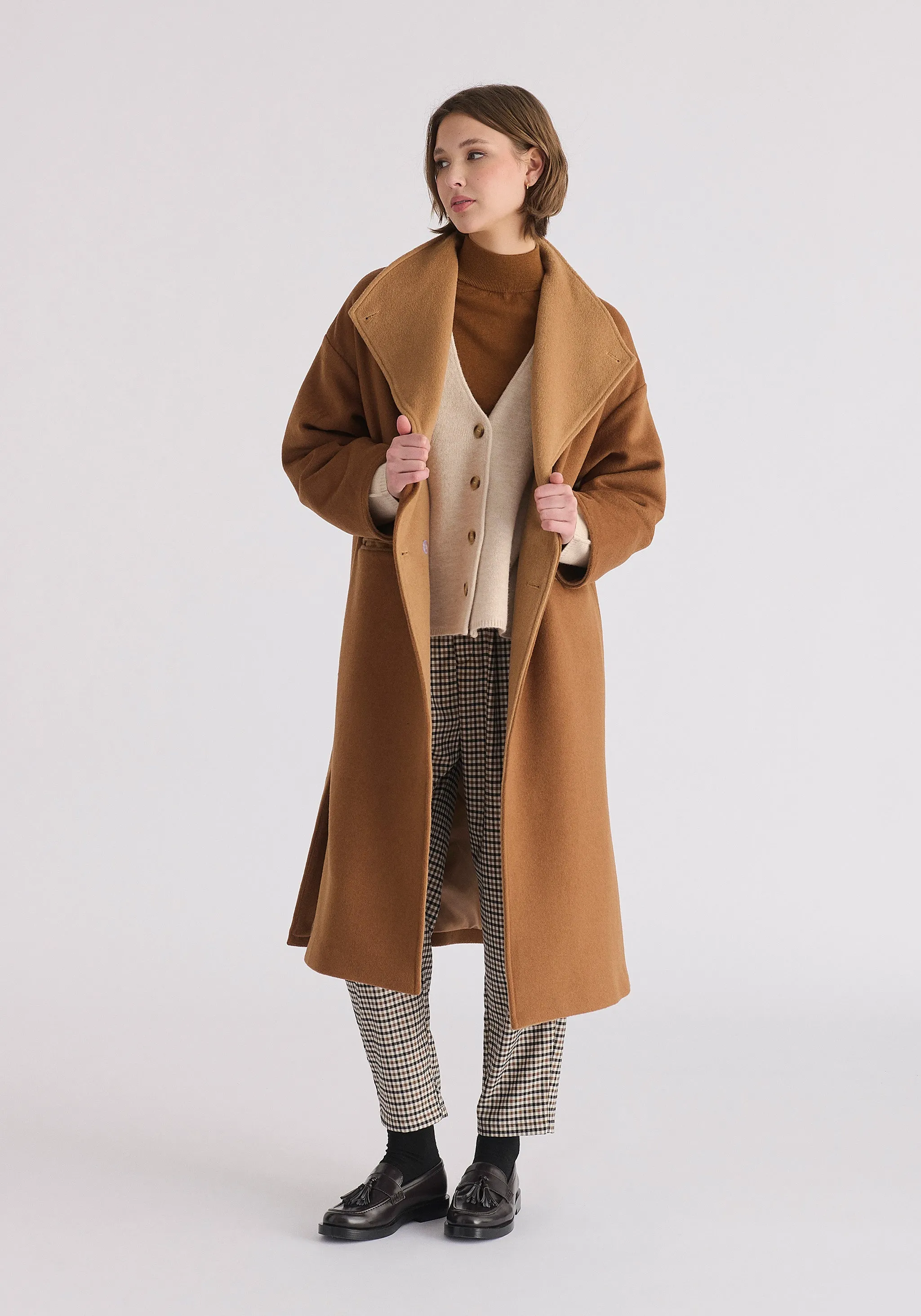 Two-Tone Double Breasted Wool Blend Coat