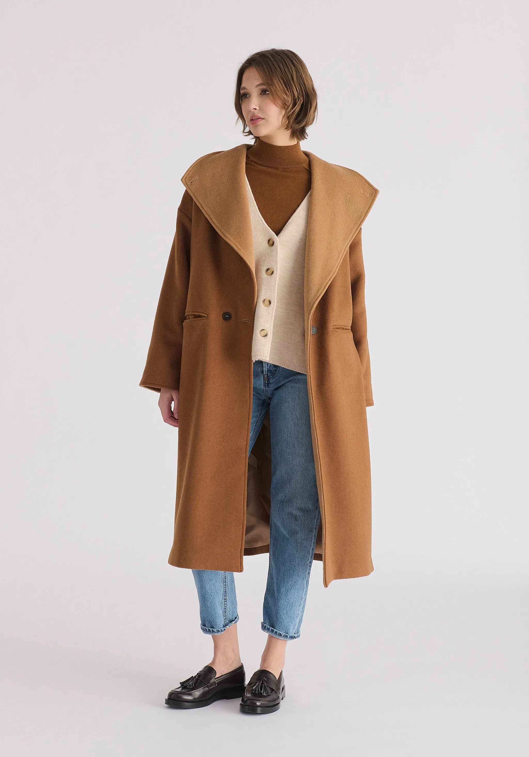 Two-Tone Double Breasted Wool Blend Coat