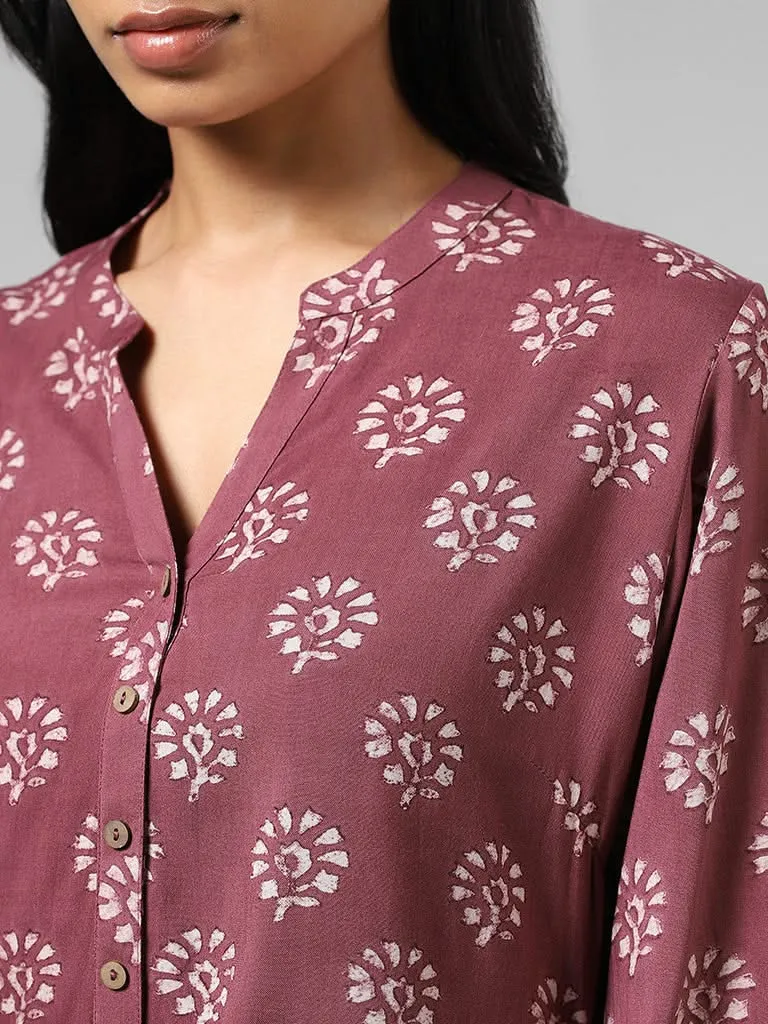 Utsa Dusty Rose Floral Block Printed Kurti