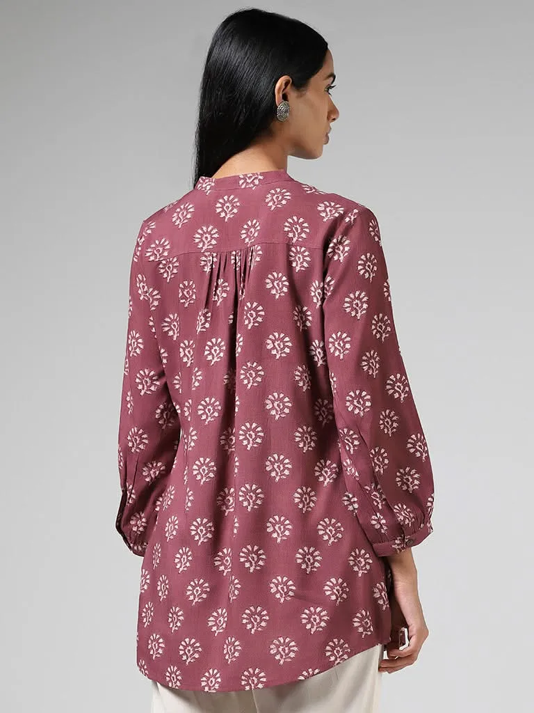 Utsa Dusty Rose Floral Block Printed Kurti