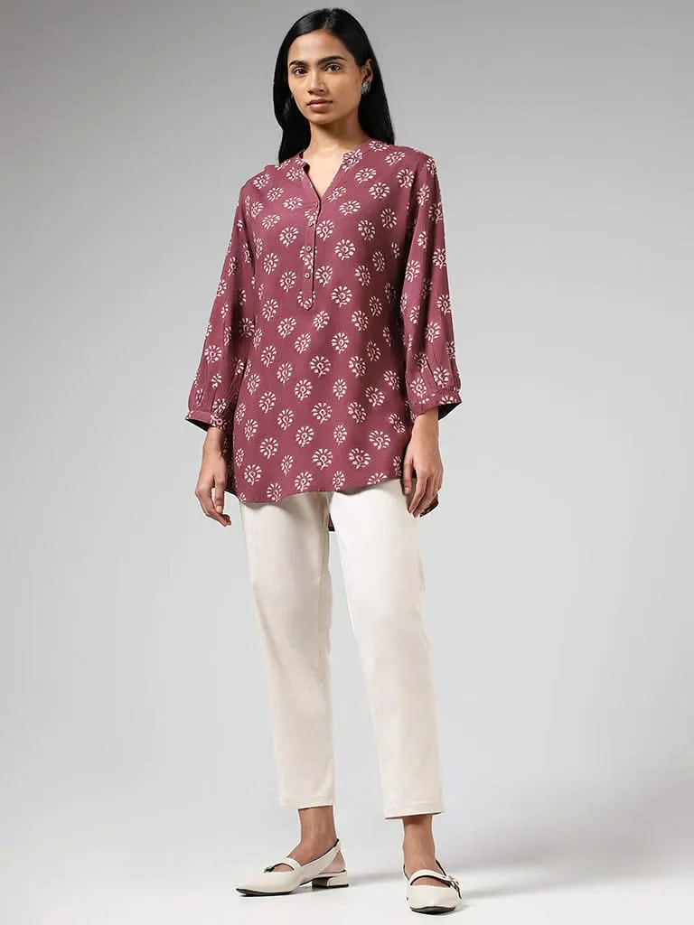 Utsa Dusty Rose Floral Block Printed Kurti