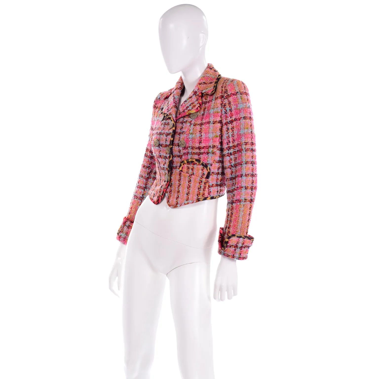 Vintage Christian Lacroix Pink Plaid Tweed Boucle Cropped Blazer Jacket