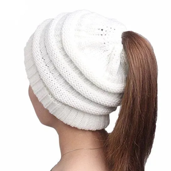 VistaShops Women's Pony Beanie Cable Knit Hat