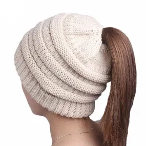 VistaShops Women's Pony Beanie Cable Knit Hat