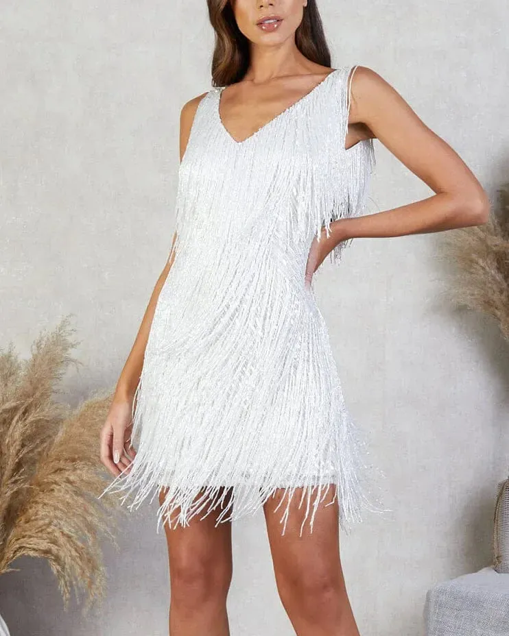 White Mini Dress with Solid Tassel Sequins