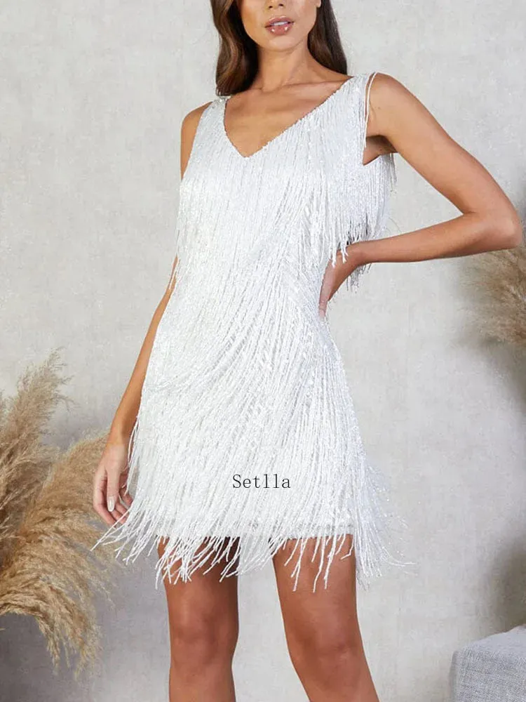 White Mini Dress with Solid Tassel Sequins