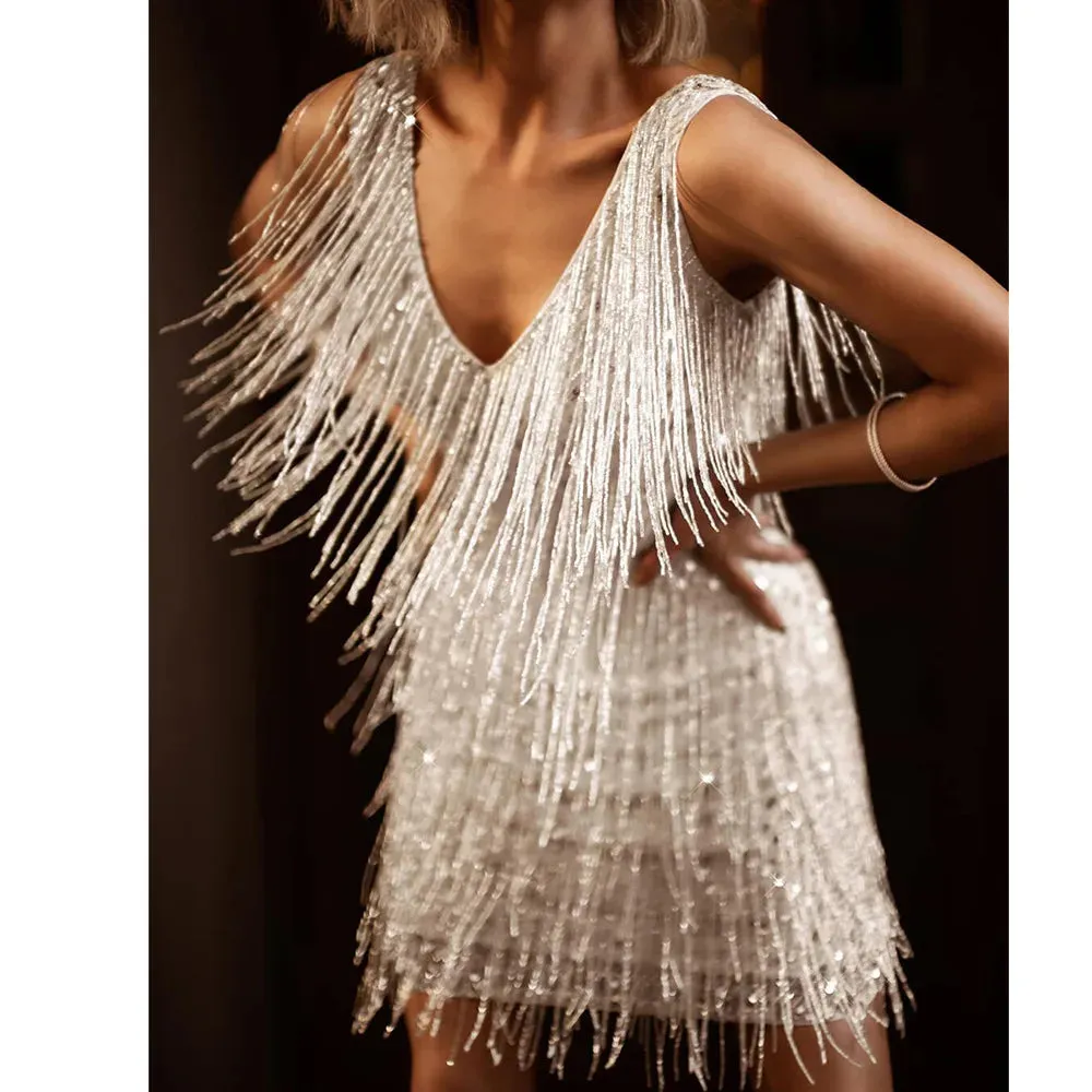 White Mini Dress with Solid Tassel Sequins