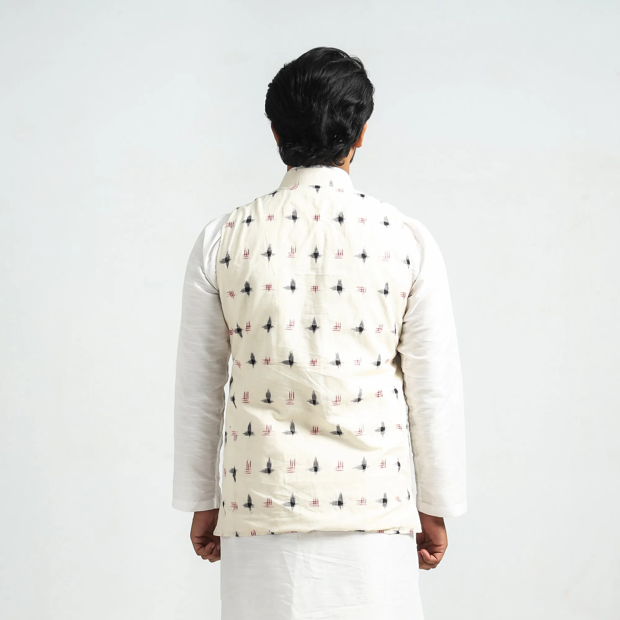 White - Pochampally Double Ikat Handloom Cotton Men Nehru Jacket