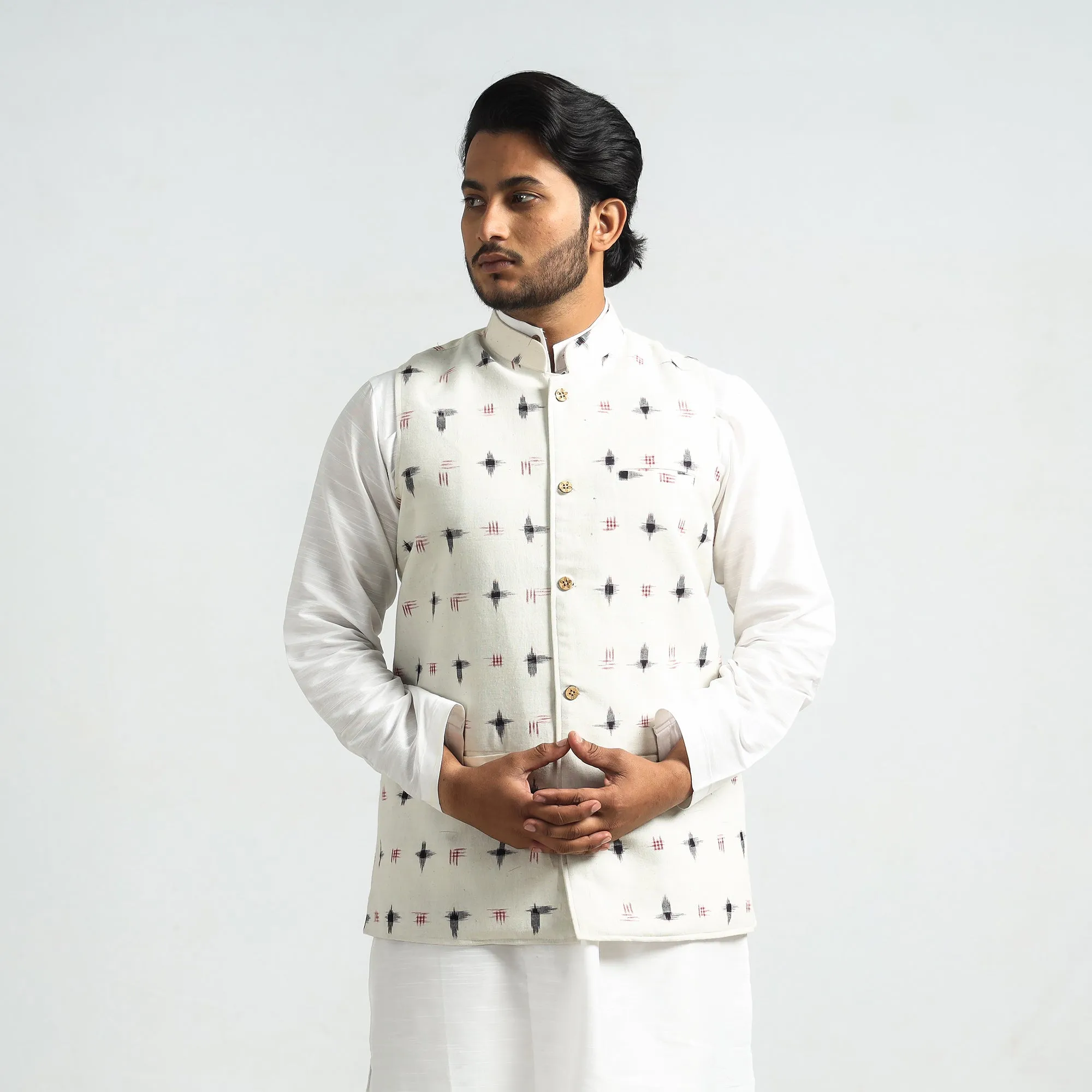 White - Pochampally Double Ikat Handloom Cotton Men Nehru Jacket