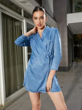 Women Blue Jacquard Front Wrap Playsuit