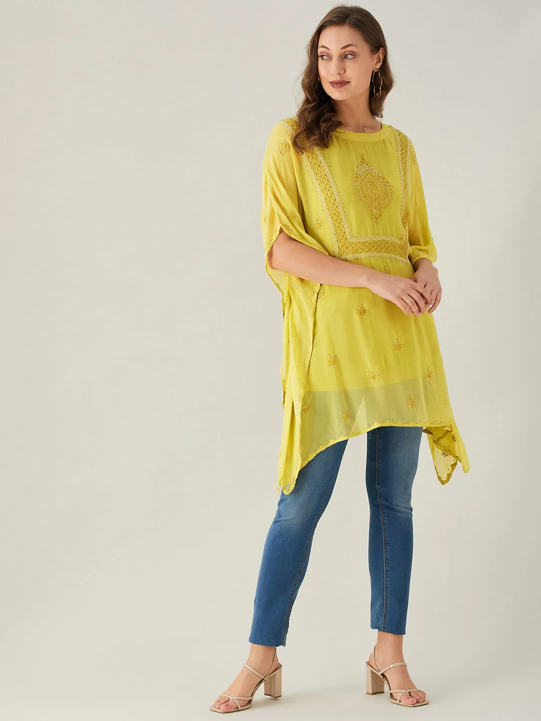 Yellow Chikankari Georgette Kaftan Top