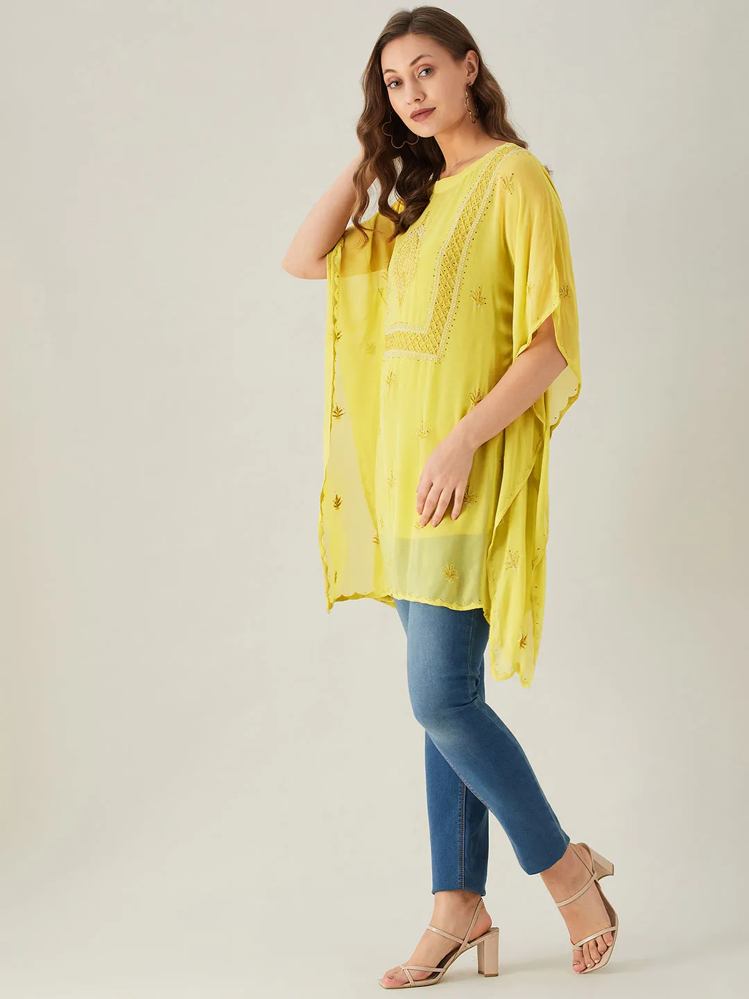 Yellow Chikankari Georgette Kaftan Top