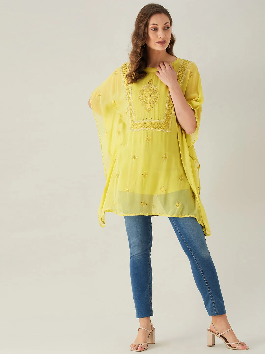 Yellow Chikankari Georgette Kaftan Top