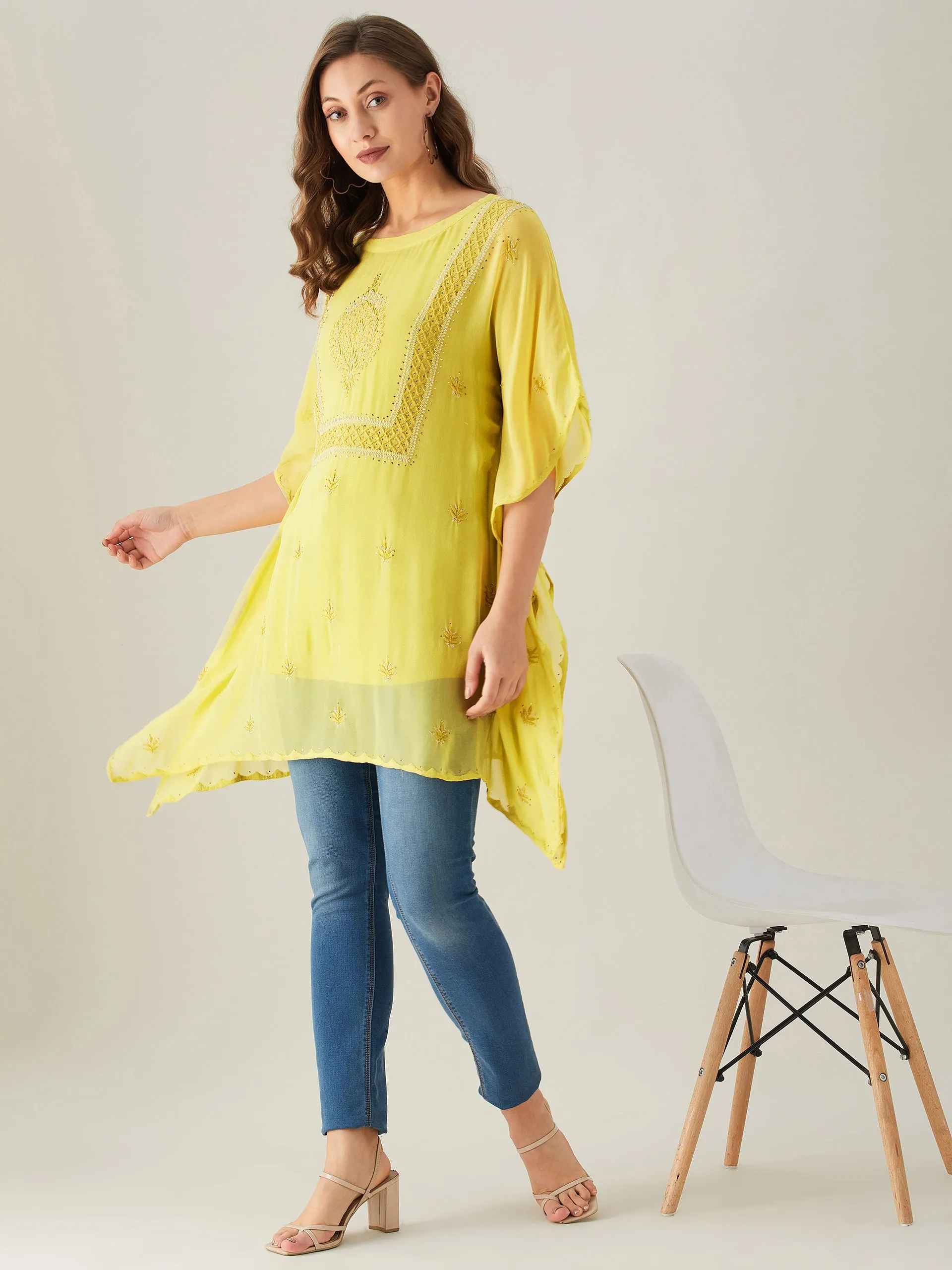 Yellow Chikankari Georgette Kaftan Top