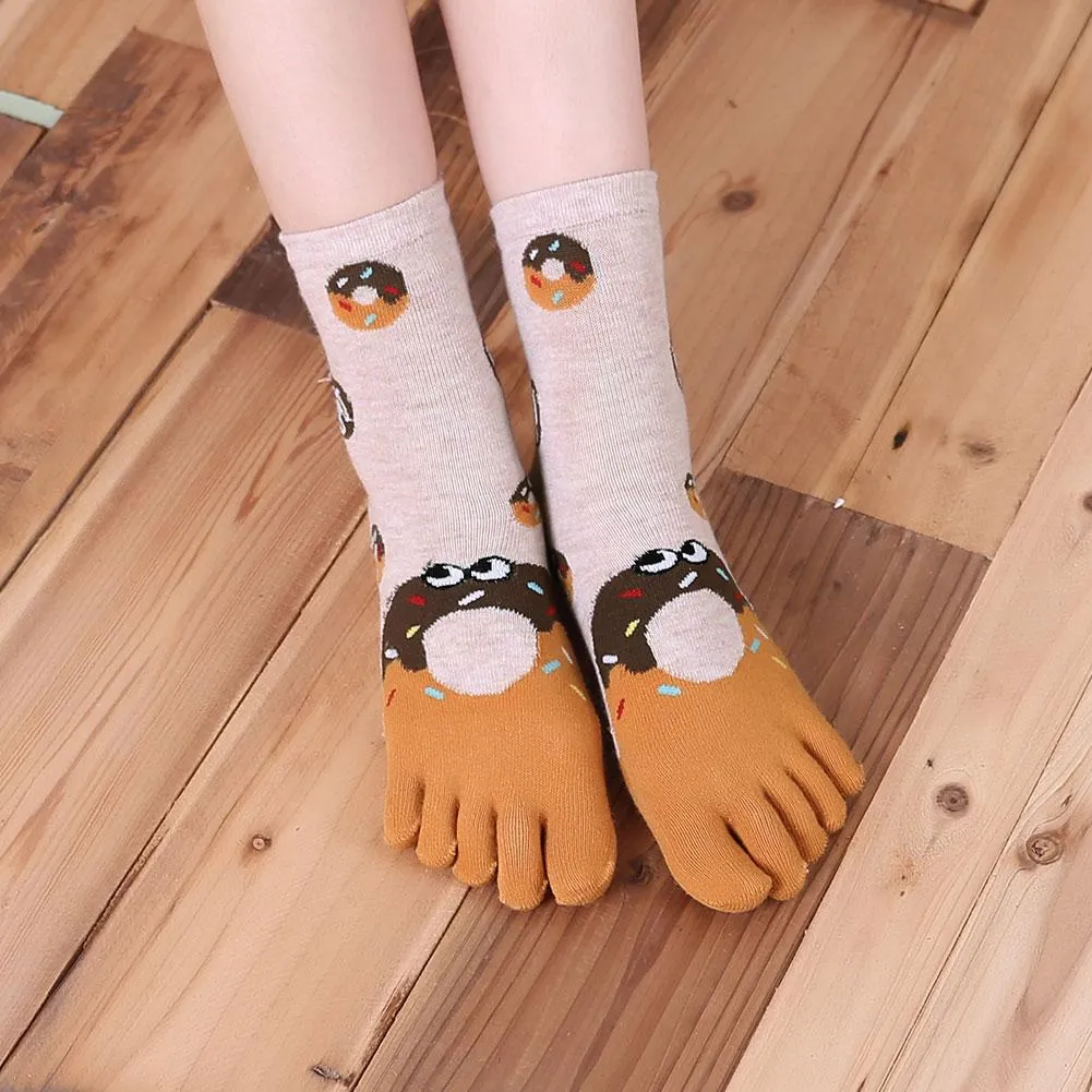 ZFSOCK Cute Food Design 5 Finger Crew Socks for Women, 5 Pairs