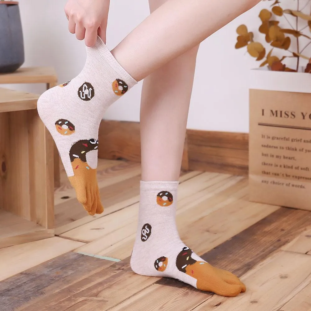 ZFSOCK Cute Food Design 5 Finger Crew Socks for Women, 5 Pairs