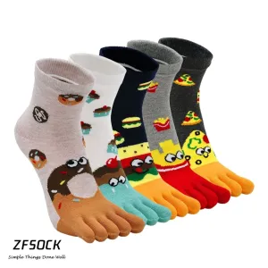 ZFSOCK Cute Food Design 5 Finger Crew Socks for Women, 5 Pairs